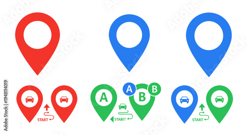 A colorful collection of map location pins and GPS navigation route icons with car symbols.