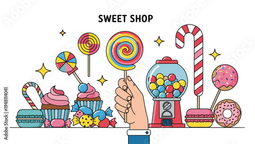 Colorful sweet shop illustration with a hand holding a lollipop surrounded by cupcakes, donuts, and a gumball machine.