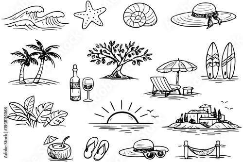 Naive Tropical Beach Doodle Vector Collection with Surfboards Palm Trees Waves Sun