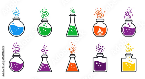 Colorful Cartoon Potion Bottles with Magic Smoke Various Shapes.