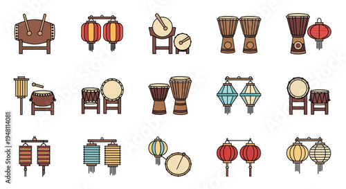 Collection of Asian Drums and Lanterns in Cartoon Style.