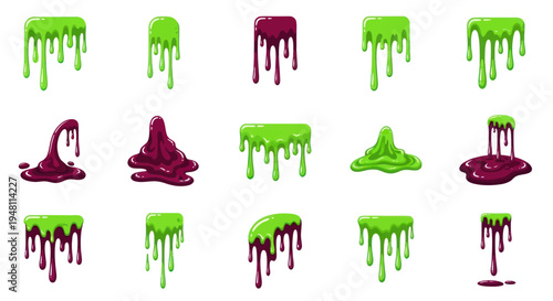 Assorted Cartoon Slime Drips in Green and Burgundy Colors.