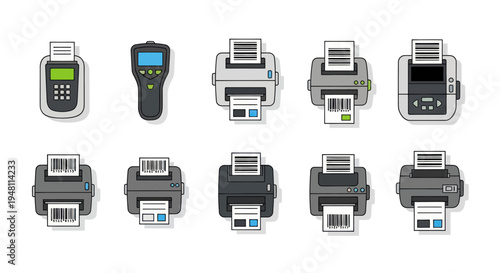 Collection of Various Barcode Printers and Scanners Illustrations.