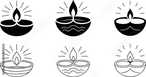 Diwali diya lamps vector illustration, flat design, black and white