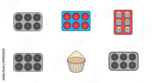 Assorted Muffin Tins and a Single Cupcake Illustration.