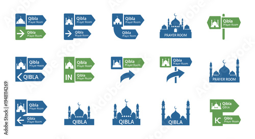 A collection of blue and green Islamic directional signs for Qibla and prayer rooms.