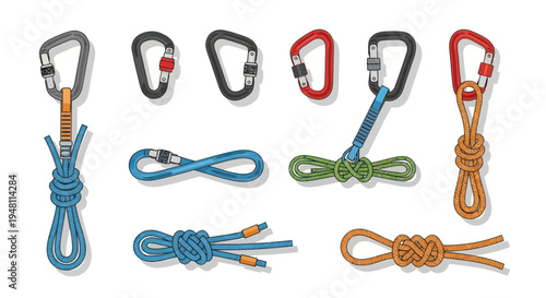 Climbing Carabiners and Knots: A Collection of Essential Gear for Rock Climbing.