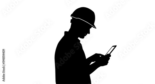 A silhouette of a construction worker wearing a hard hat, using a smartphone or tablet.