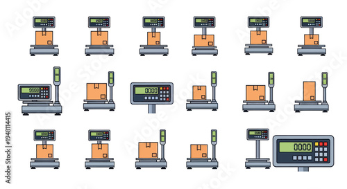 Industrial platform weighing scales collection with digital displays and cardboard boxes.