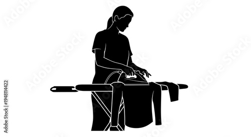 Silhouette of a woman standing and ironing clothes on an ironing board, performing a common household chore.
