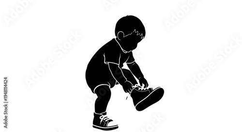 A young child's silhouette bending down to tie or adjust the laces on their shoe, illustrating a moment of learning and self-sufficiency.