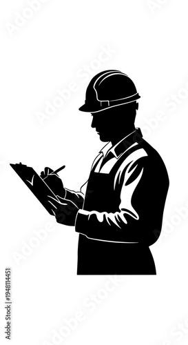 Silhouette of a construction worker or inspector in a hard hat writing on a clipboard.