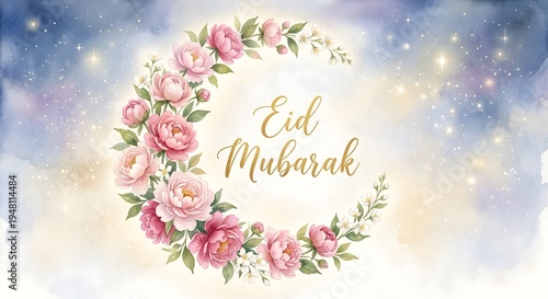Elegant Watercolor Pink Peony Floral Wreath forming a Crescent Moon for Eid Greetings