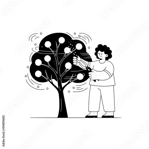 line art figure pruning stylized tree in monochrome vector illustration or minimalist black and white tree pruning scene with a person for design asset