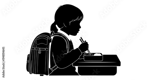 Silhouette of a young student with a backpack eating lunch with chopsticks from a bento box.