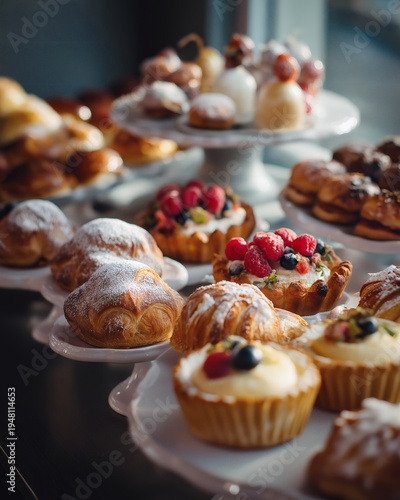 Assorted Pastries and Desserts on Display in a Sweet Shop or Cafe