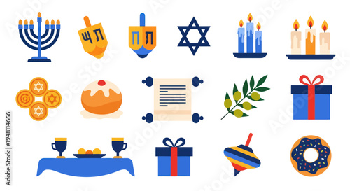 Holiday icons dreidel menorah gifts