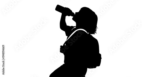 A silhouette of a person drinking from a bottle against a white background, emphasizing the act of consumption.