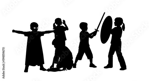Silhouettes of children playing imaginative games, one with a sword and shield, on a white background.
