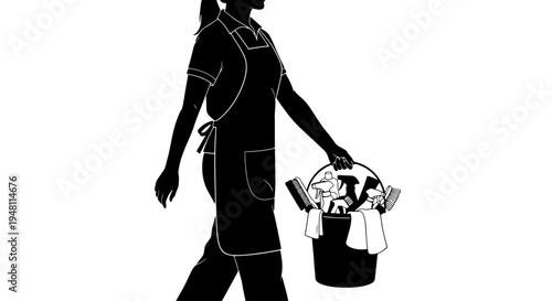 Silhouette of a woman wearing an apron and carrying a cleaning bucket filled with supplies.
