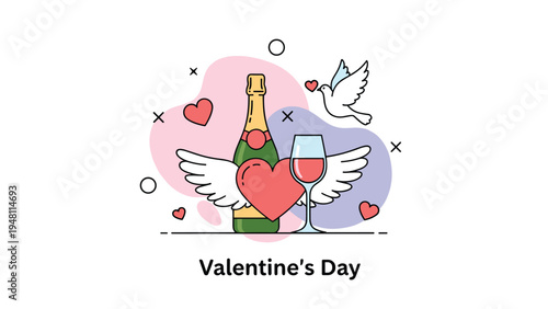 Romantic Valentines Day greeting card with a green champagne bottle, a wine glass, a white dove, and winged hearts on soft shapes.