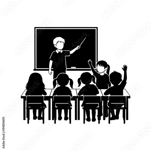Silhouette illustration of a teacher instructing students in a classroom with some raising hands.