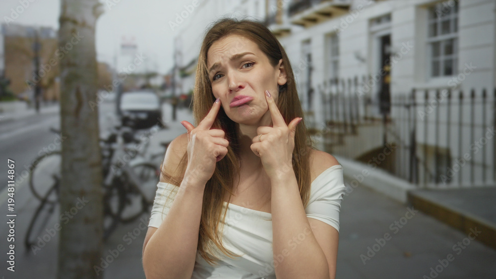 Fototapeta premium Young caucasian woman mimes crying tears with fingers on urban street sidewalk near bicycles and row houses; sarcasm.