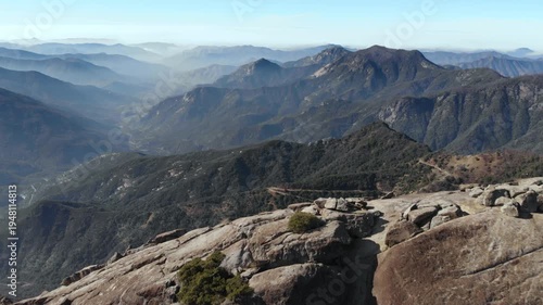 Aerial drone view from Moro Rock summit overlooking Sierra Nevada mountains, Sequoia National Park California