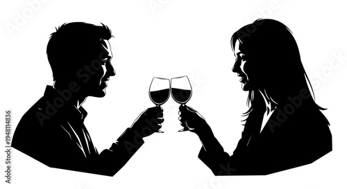 Silhouettes of a man and a woman toasting with wine glasses, celebrating an occasion.