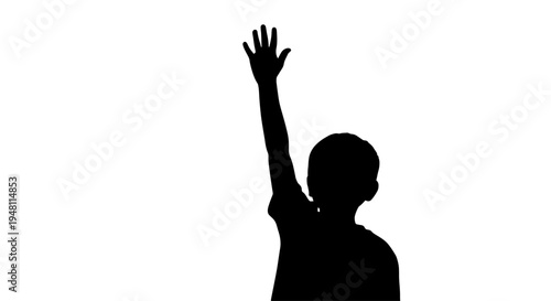 Silhouette of a young child raising their hand high, symbolizing participation or asking a question in a learning environment.
