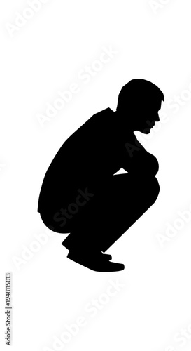 Black silhouette of a man squatting down, seen from a side profile on a white background.