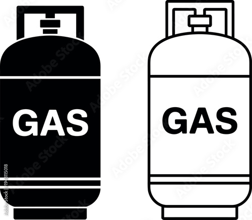 Two black and white gas cylinders vector illustration, flat design industrial fuel storage, scalable isolated propane tanks graphic