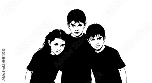 Black and white graphic illustration of three serious young people looking directly at the viewer.