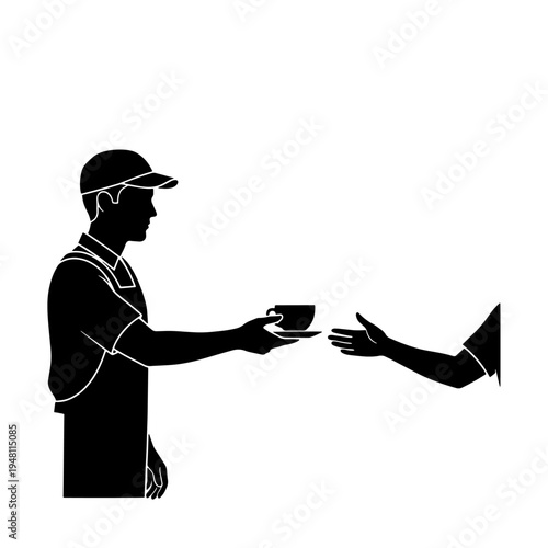 Silhouette of a barista serving a cup of coffee to a customer's outstretched hand, depicting service and hospitality.