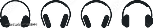 Four black headphones in different positions vector illustration, flat design