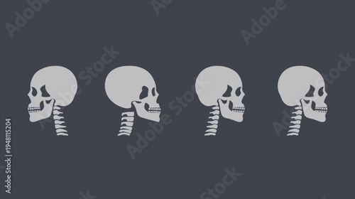 Four stylized grayscale skeletal head profiles, depicting skull and spinal column on a dark background