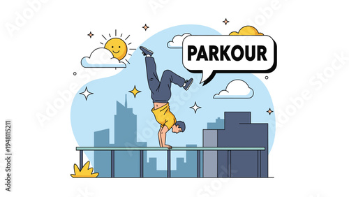Parkour athlete performing an impressive handstand on a metal railing in a modern city setting with tall skyscrapers and a happy sun.