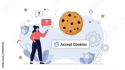 Internet cookies policy and digital privacy concept with a woman pointing at a large chocolate chip cookie and a blue accept button.