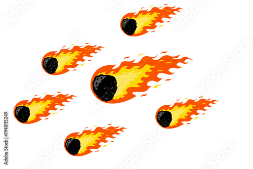 Dynamic digital illustration depicting multiple fiery comets or meteors showcasing cosmic energy and celestial phenomena with vibrant orange and yellow flames