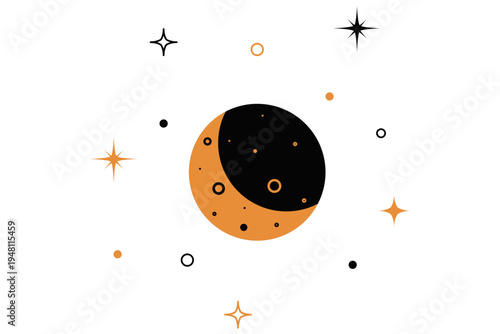 Celestial crescent moon in dark sky surrounded by twinkling stars and sparkling orbs against a clean white background, perfect for cosmic and astronomy themes