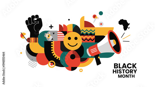Black History Month abstract illustration with a raised fist symbol, megaphone, map of Africa, and colorful geometric tribal patterns.