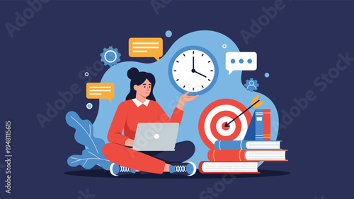 Efficient time management and work productivity concept with a woman holding a clock while working on a laptop near a target and books.