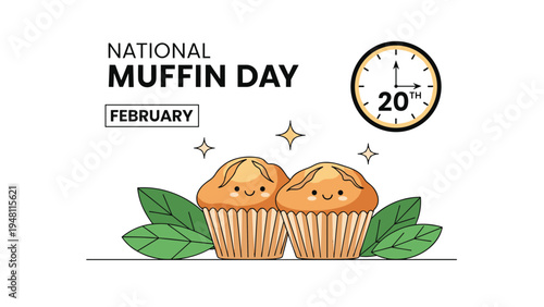 National Muffin Day illustration with two cute muffins having happy smiling faces and a wall clock showing the date of February 20.