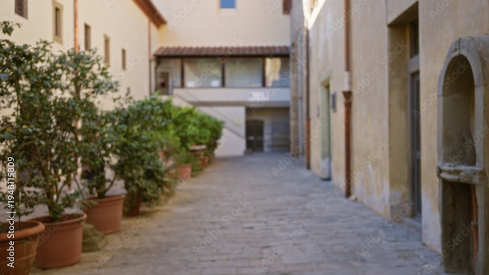 Fototapeta premium Sunlit stone alley with terracotta pots and worn facades in softly defocused bokeh; background backdrop copyspace calm.