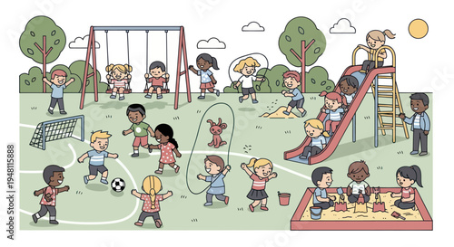 Diverse kids playing on playground, swings, slide, sandbox, soccer, active fun