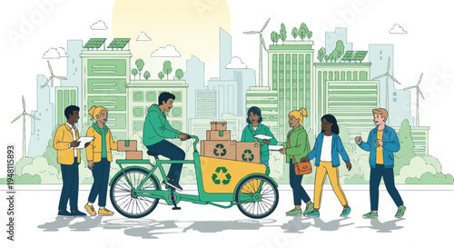 Eco-friendly delivery team in green city with cargo bike, renewable energy and buildings