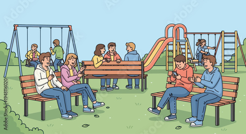 Diverse group of young people enjoying a sunny day at a playground, socializing and playing.