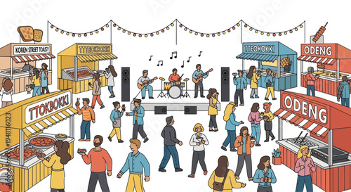 Outdoor Street Food Festival with Live Music and Crowds