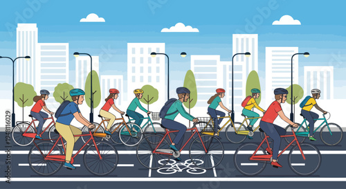 Diverse group cycling on city bike lane with urban skyline background