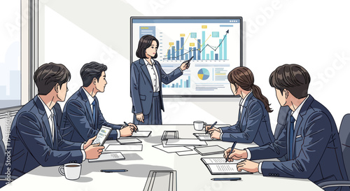 Business meeting with charts and graphs on screen, presentation, team discussion